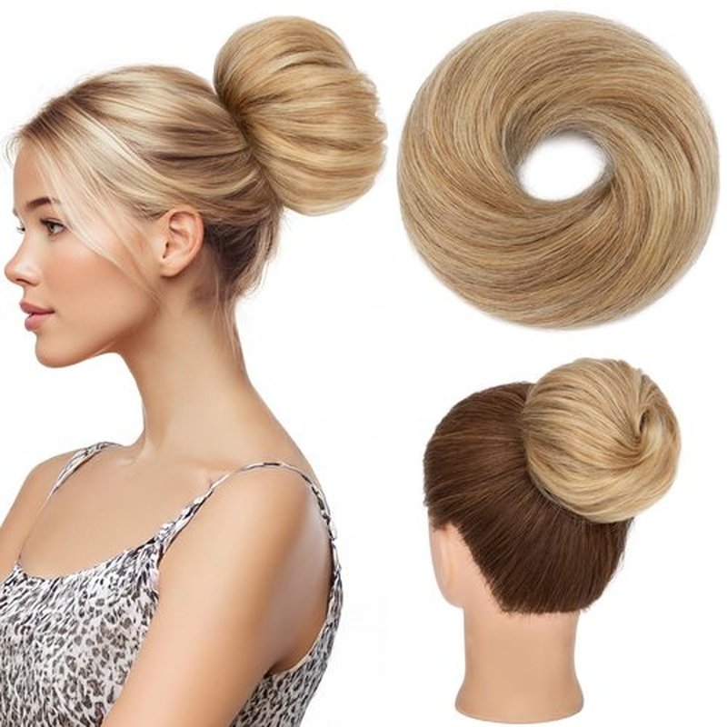 Hairro Messy Bun Hair Piece Real Remy Human Hair Straight Highlight Balayage Piano Color Ponytail Scrunchies Updo Elastic Wrap On Chignon 30g #12RP613R Golden Brown Mix Bleach Blonde