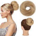 Hairro Messy Bun Hair Piece Real Remy Human Hair Straight Highlight Balayage Piano Color Ponytail Scrunchies Updo Elastic Wrap On Chignon 30g #12RP613R Golden Brown Mix Bleach Blonde