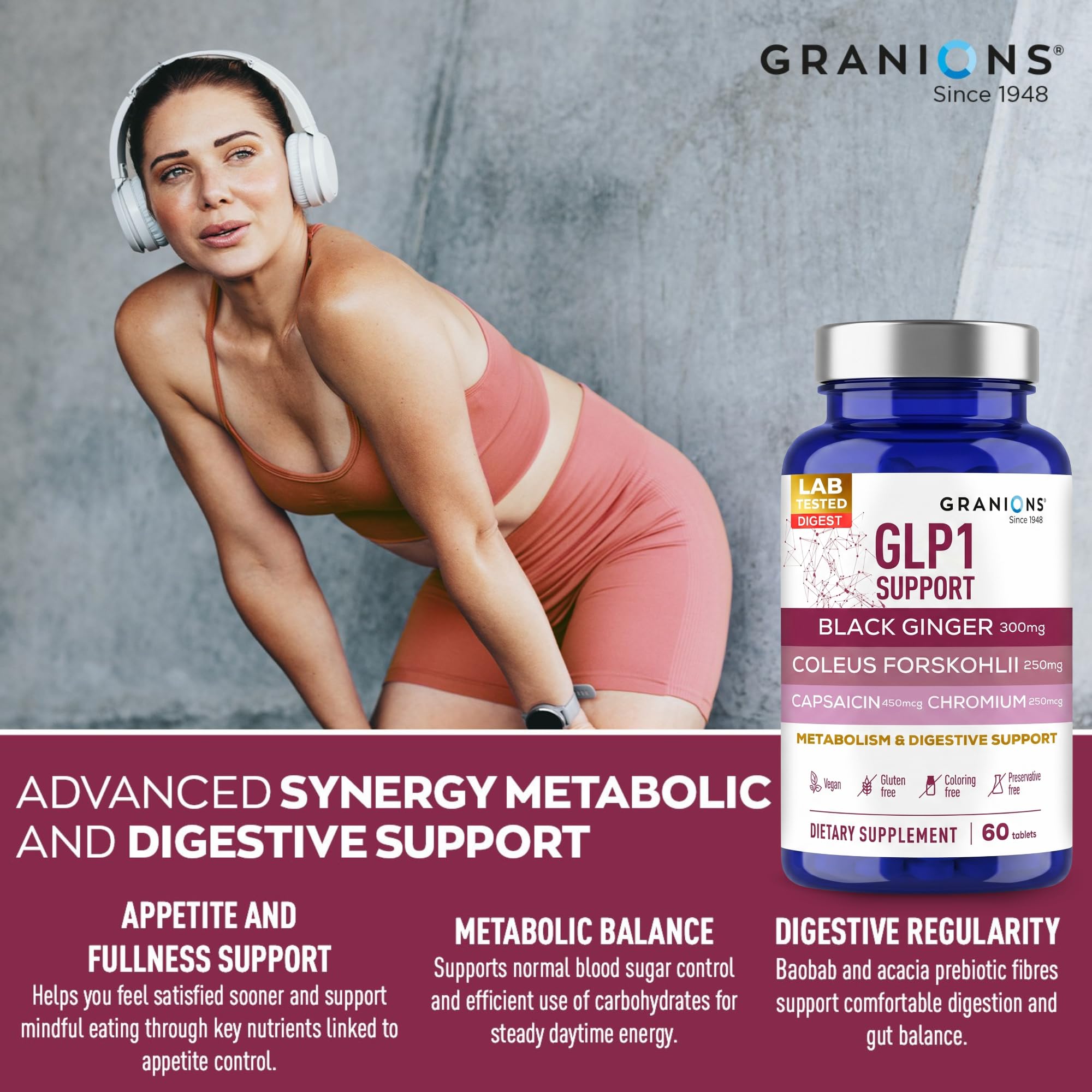 Granions GLP-1 Support Supplement - Metabolism, Gut Health, Digestive Support - Fermented Black Ginger, Coleus Forskohlii, Chromium, Capsaicin, Caffeine - Vegan, Gluten Free Supplements - 60 Tablets