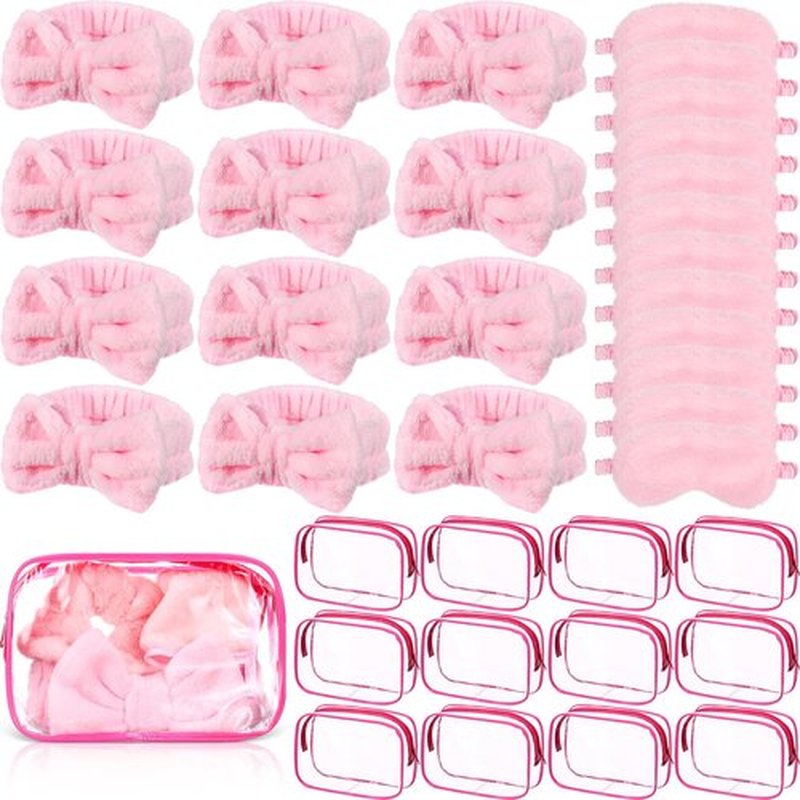 Hoteam 36 Pcs Sleepover Party Supplies 12 Spa Headband 12 Plush Sleep Eye Mask 12 Clear Cosmetic Bags Makeup Headband for Washing for Adult Spa Party Favor Graduation Beauty Gift(Pink)