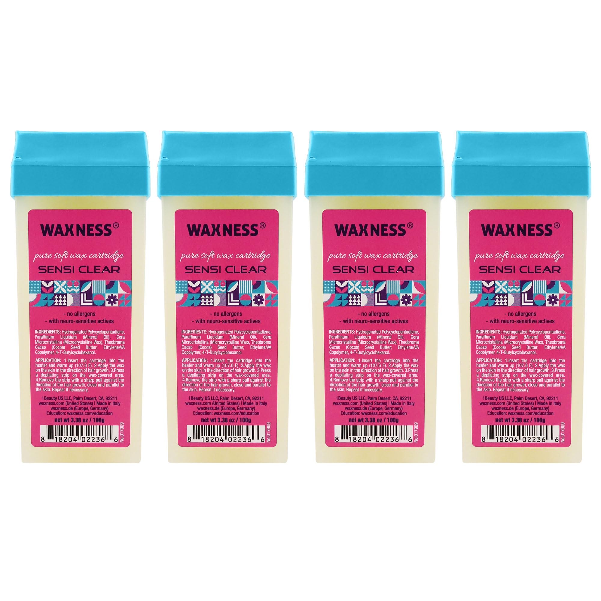 Waxness Sensi Clear Pure Soft Wax Cartridge Pack of 4 × 3.38 oz (100 g)– Rosin-Free Clear Gel Strip Wax with Neuro-Active Comfort Complex, Roll-On for Face & Body – Made in Italy