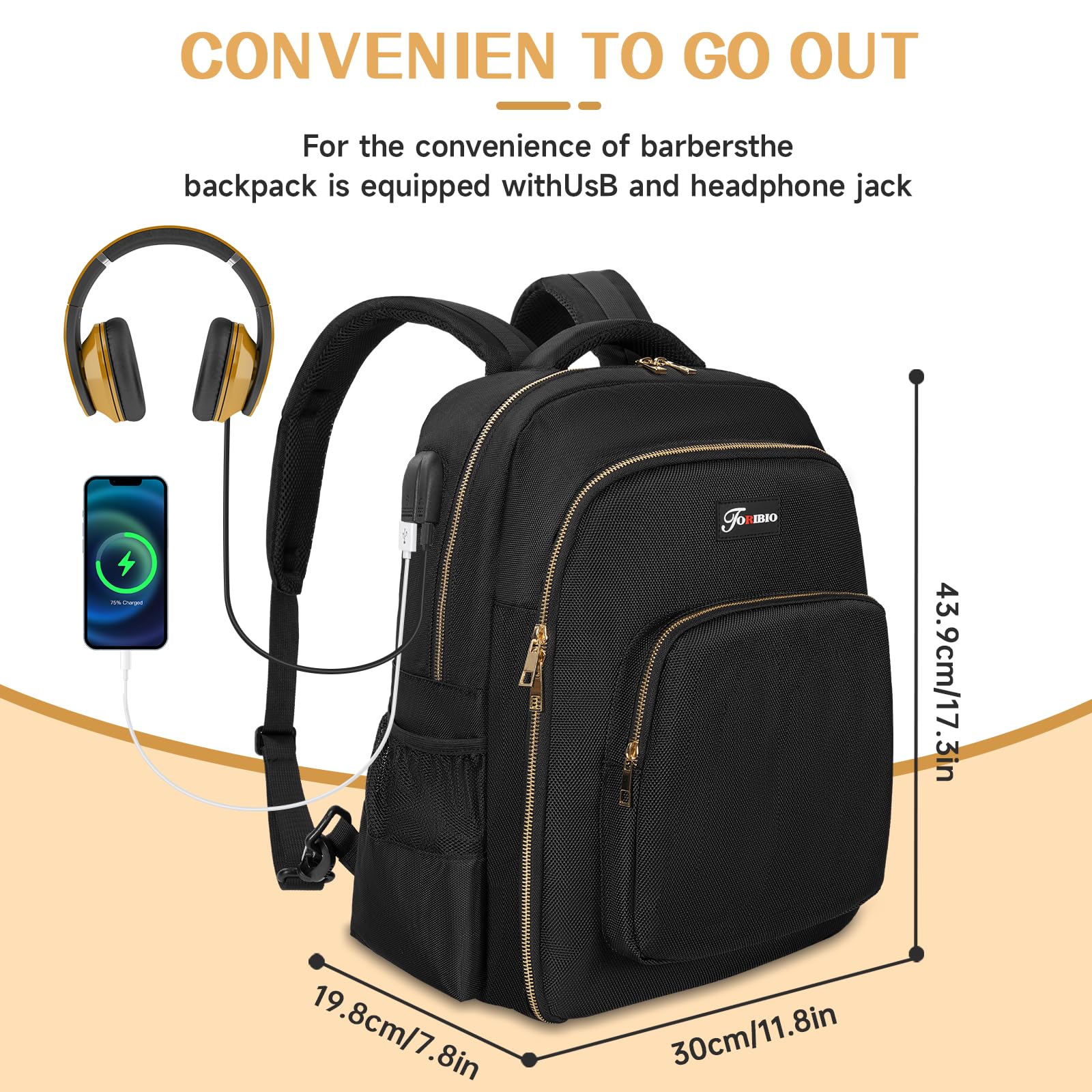 TORIBIO Barber Supplies Bag for Clippers and Supplies, Hairstylist Clipper Portable Backpack for Barber Tools with USB Port (Black + Gold)