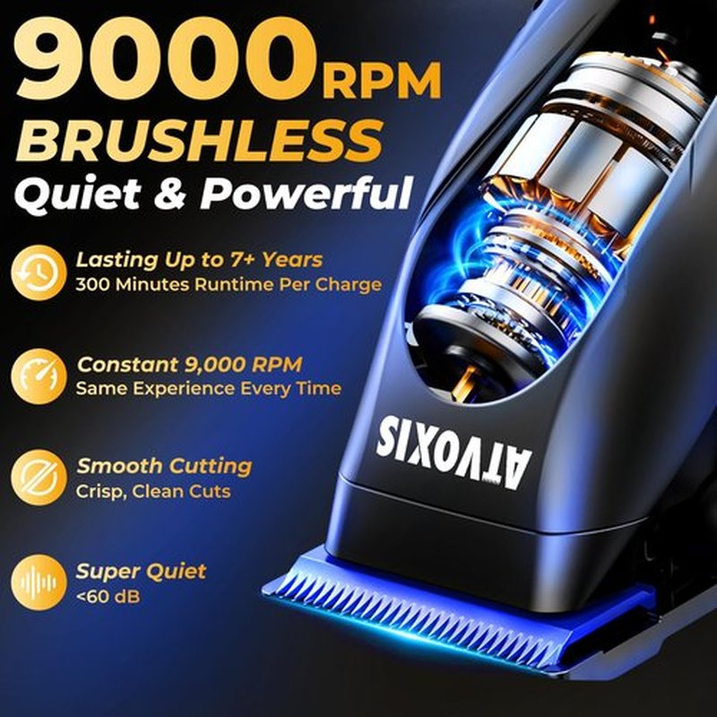ATVOXIS Metal Body 9000 RPM Brushless Motor Professional Hair Clippers for Men: Cordless Barber Clipper with DLC Blades LED Display Fast Charging Stand Travel Pouch Maquina para Cortar Pelo De Hombre