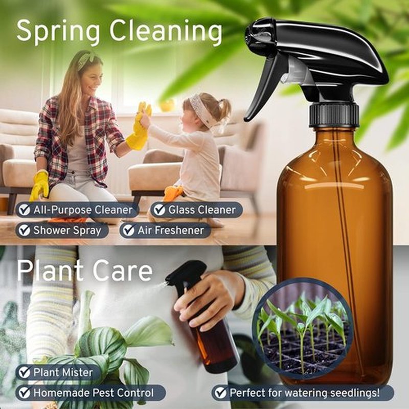 LiBa Amber Glass Spray Bottles - 16 oz Refillable Spray Bottles for Cleaning & Essential Oils | Adjustable Nozzle