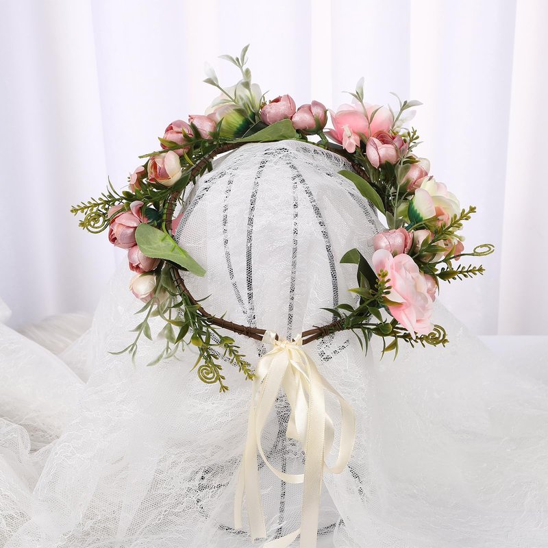 Vivivalue Wedding Flower Crown Flower Garland Headband Hair Wreath Floral Headpiece Halo Boho with Ribbon Party Prom Festival Photos