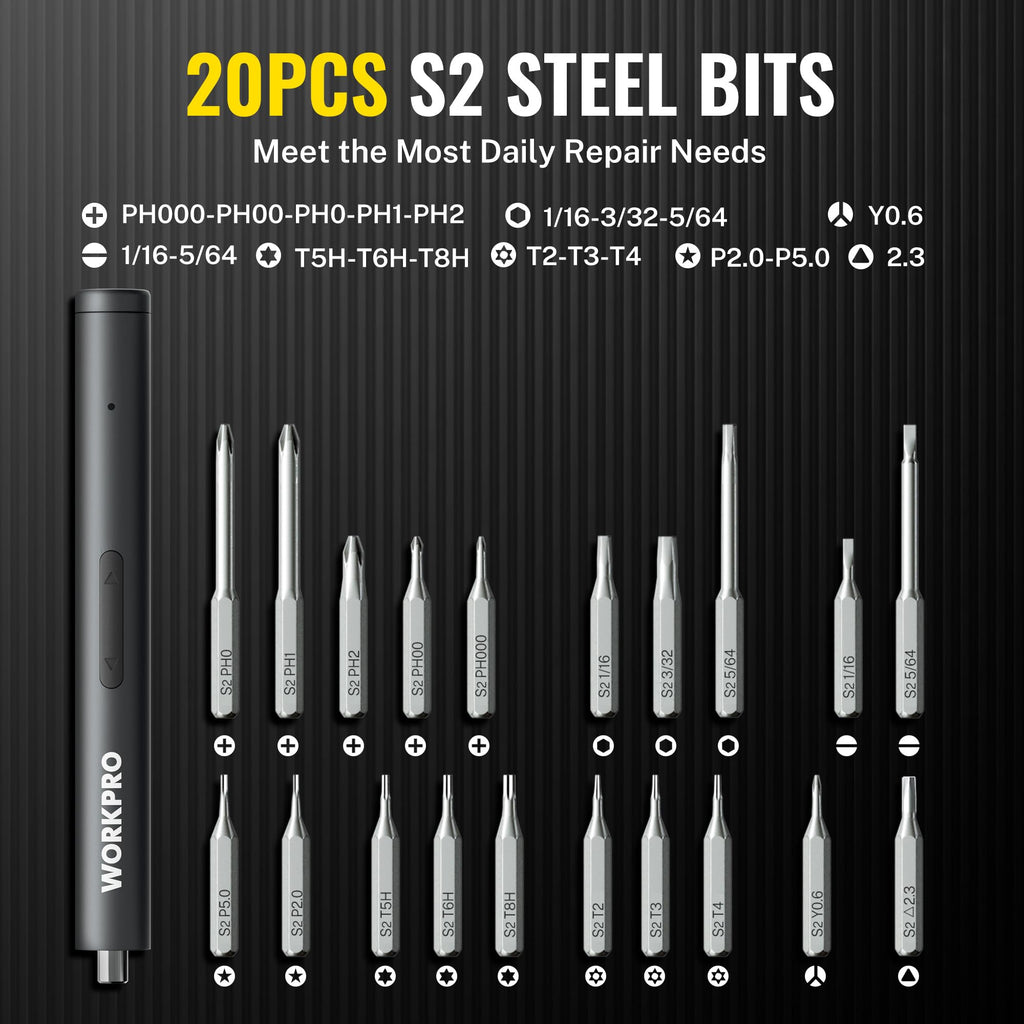 WORKPRO 20-in-1 Mini Electric Screwdriver with Magnetizer & S2 Steel Bits, 3.6V Rechargeable Precision Screwdriver Set for Electronics, Phone, Camera, Laptop & Watch