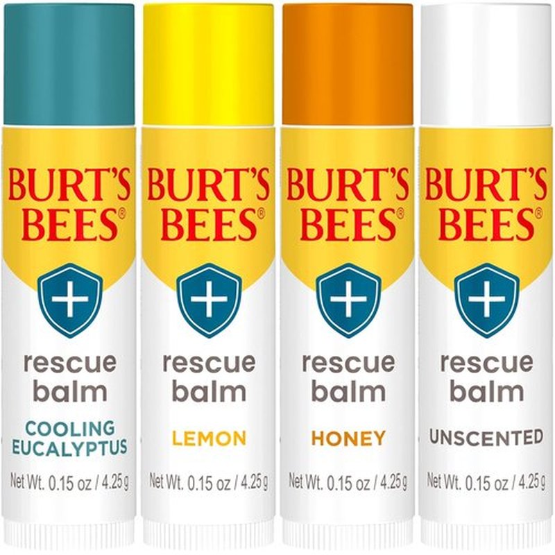 Burt's Bees Natural Rescue Lip Balm - Cooling Eucalyptus & Lemon - 4 Tubes, Unscented