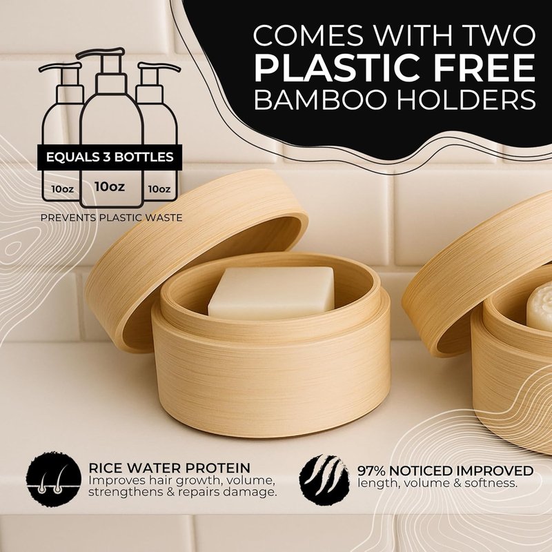 Viori Native Essence Shampoo & Conditioner Bar Set | Handcrafted Rice Water Formula for Hair Growth - Bamboo Holder Included