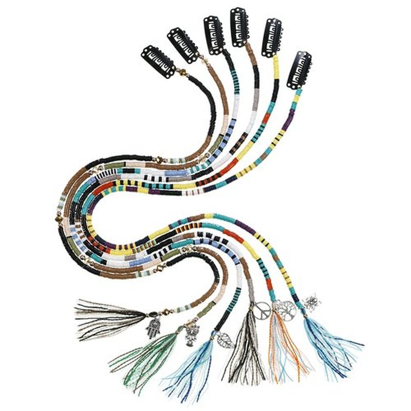 minihope 21 Inch Bright Spacer Bead Hair Wrap Set with Tassels, Hair Clips, and Retro Charm - 6 Styles for Women and Girls.