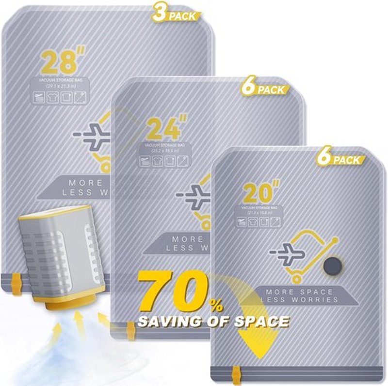Skiennix 15-Pack Vacuum Bags - Travel Compression Packing Bags with Wireless Pump | Carry-On Size, Space Saver for Clothes