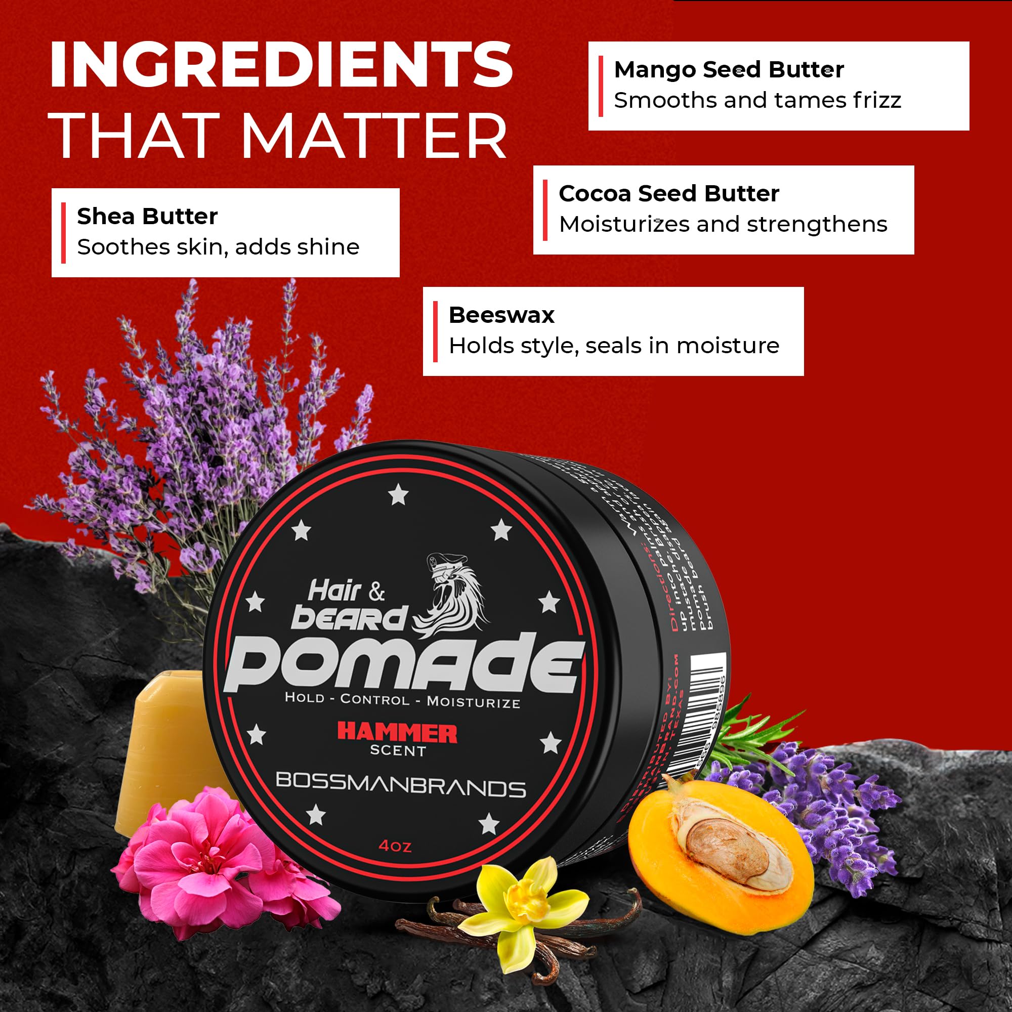 Bossman Hair & Beard Pomade for Men (Hammer Scent) – Medium Hold & Moisturizing for Hair, Beard & Mustache Styling – Made in USA