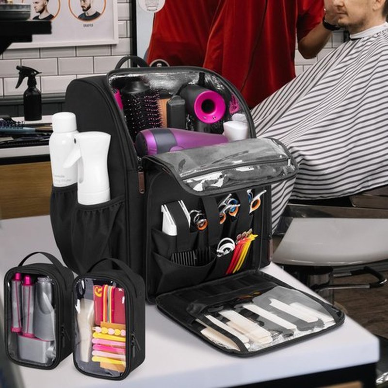 BAFASO Large Capacity Insulated Barber Case with a Semi Detachable Divider and 2 Removable Pouches, Hairstylist Traveling Bag with Multiple Pockets Holds Barber Styling Tools, Black