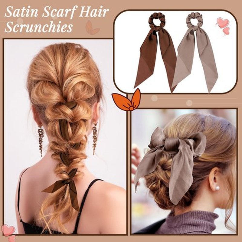 12 Pcs Hair Accessories for Women Hair Bows Scrunchies Scarf Ties Bunny Ears Silk Satin Scrunchies Hair Ribbons Hair Scarf Hair Ties with Bows for Women Lady(Dark Color)
