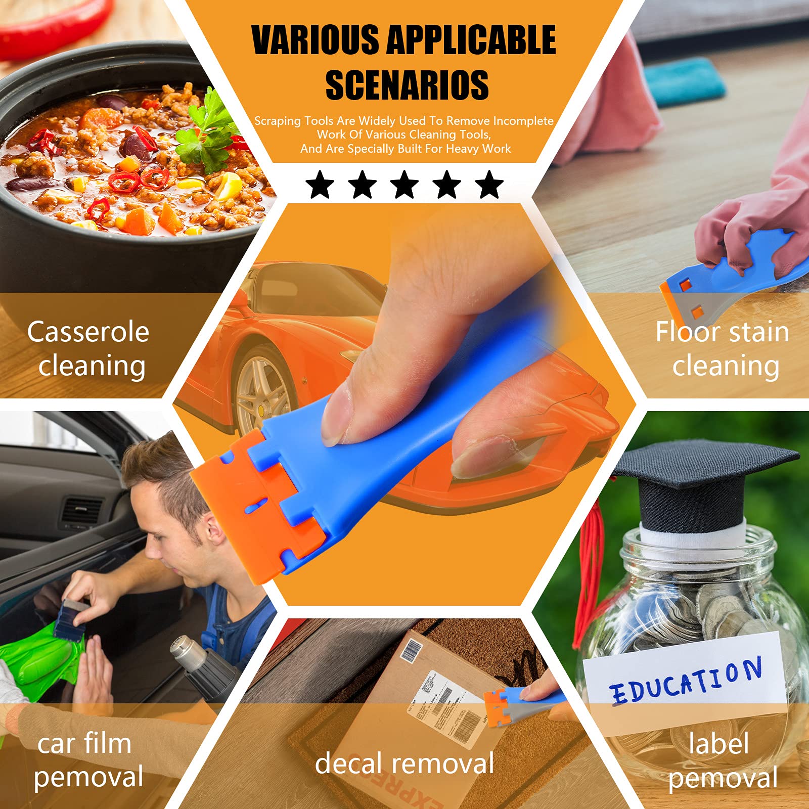 Honoson 300 Pieces Plastic Razor Blade Scraper Blades Plastic Scraper Tools Double Edge Razor Blades with a Tip Slot Edge Blades for Removing Decals, Stickers, Cleaning Window Glass (Orange)
