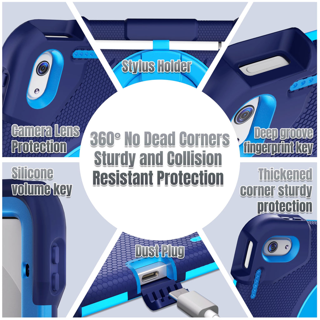 Andnary Case for iPad (A16) 11th/10th Generation 11/10.9 Inch 2025/2022 with Screen Protector/360° Rotate Stand/Shoulder Strap/Pencil Holder, Shockproof iPad 11th/10th Gen Cover (Navy+Blue)