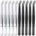 Honoson 10 Pcs Stainless Steel Tweezers for Crafting with Curved Serrated Tip Multipurpose Forceps Sewing Machine Tweezers Bulk (Silver,Black)