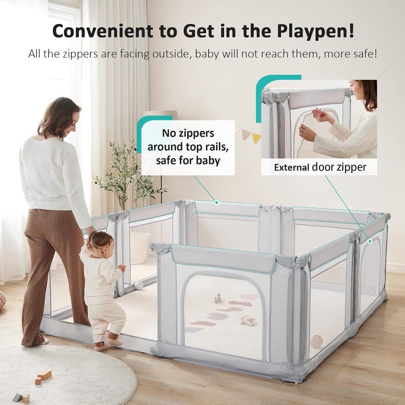 Doradotey Baby Playpen - Adjustable Large Playard for Babies & Toddlers | Foldable Indoor Play Center, Light Grey 180x200x68cm