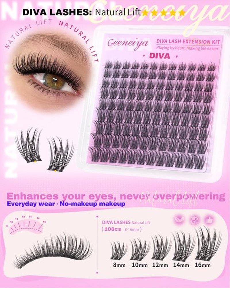 Geeneiya Lash Clusters Kit, 5 Styles Eyelash Clusters Kit, FURY/SIREW/DIVA/Bottom Cluster Eyelash Extensions with Lash Bond and Seal, Remover and Lashes Tools for Beginners, DIY Lash Extension Kit
