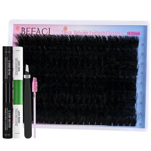 Lash Clusters Kit Fluffy Eyelash Extensions Kit 280D Individual Eyelashes Kit 14-25mm DIY Lashes Extension Kit with Lash Bond and Seal, Lash Applicator, Mega Volume False Eyelashes Kit by BEFACL