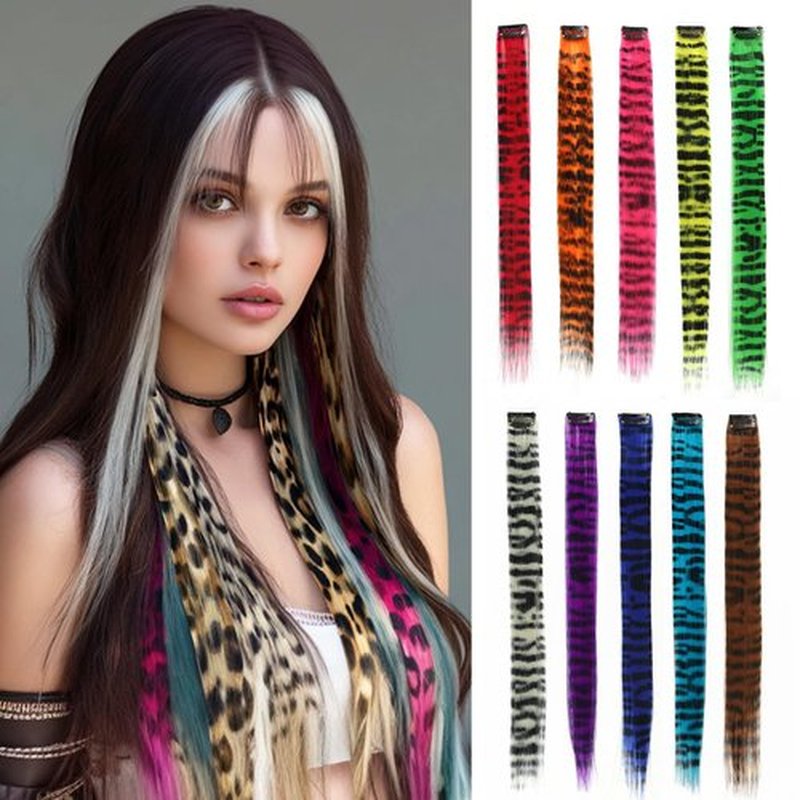 EXTACIO 10pcs/pack Scene Hair Extensions Synthetic Clip in Leopard print Hair piece 18inch Long Straight Colorful striped Hairpieces Halloween Party Cosplay Y2K Use for Women