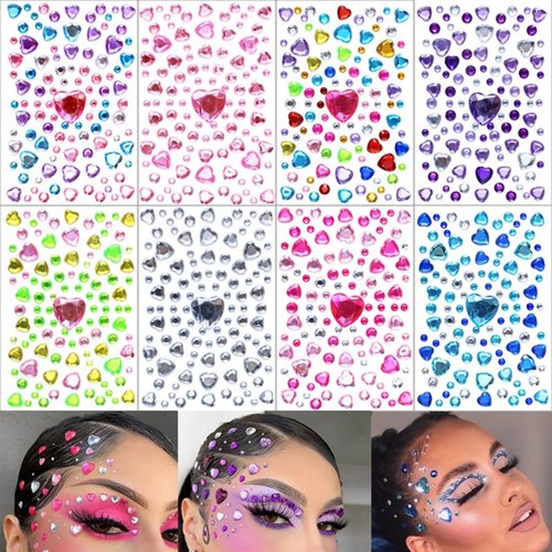808 Pieces Heart Rhinestones Stickers Self Adhesive Flat-Back Acrylic Heart Gems Jewels Stickers for Makeup Body Eye Nail Hair Rhinestones, Wedding Valentine's Day Decor DIY Craft
