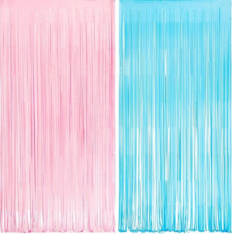 GREATRIL Party Photo Backdrop - Pink & Blue Foil Fringe Tinsel Streamers for Gender Reveal & Birthdays - 3.2ft X 8.2ft | 2 Packs