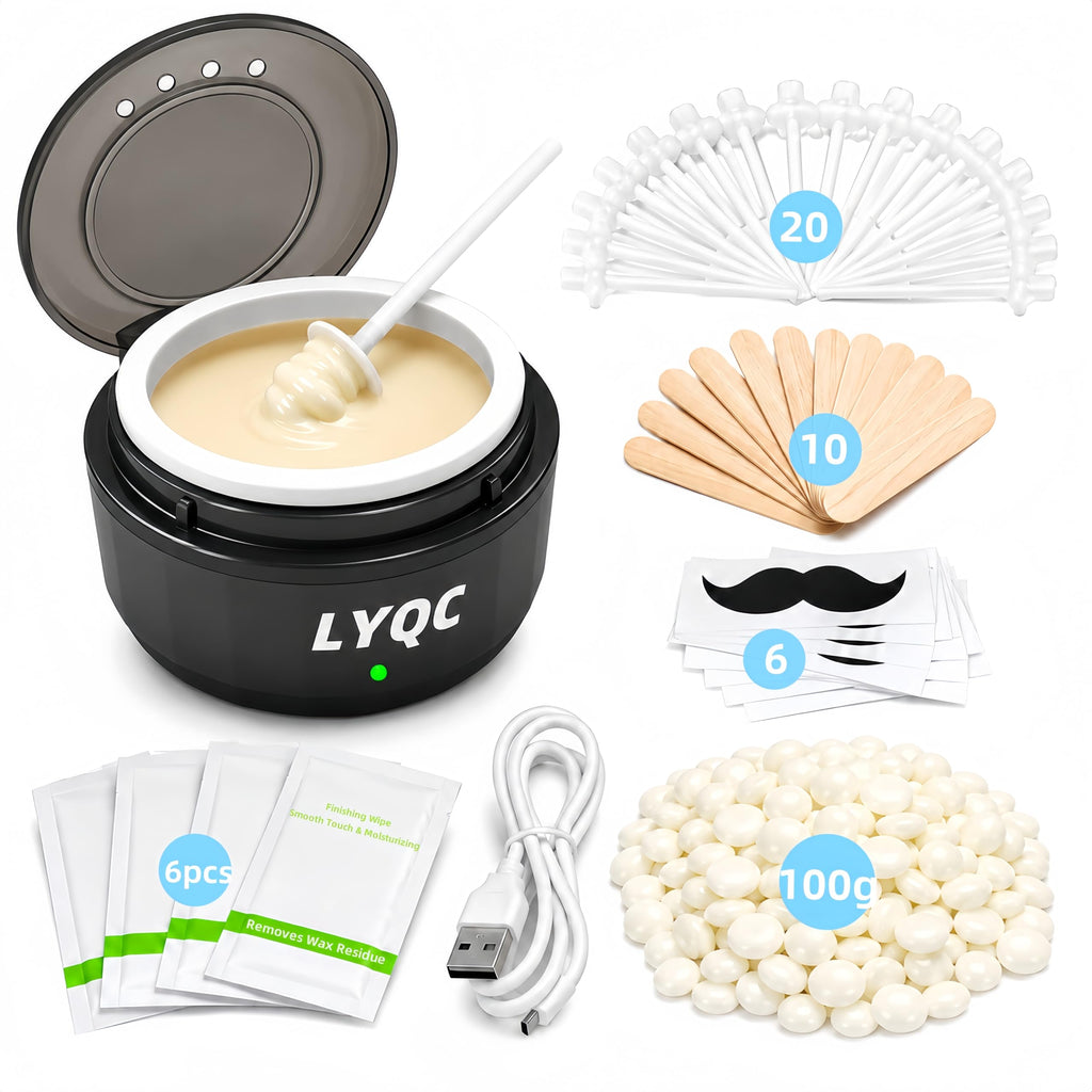 LYQC Nose Wax Kit Men, Mini Wax Warmer for Nose Eyebrow Ear Hair Removal, waxing kit with USB Fast Heat，including 100g Beads & 30 Sticks，Portable wax machine, suitable for home travel use - black