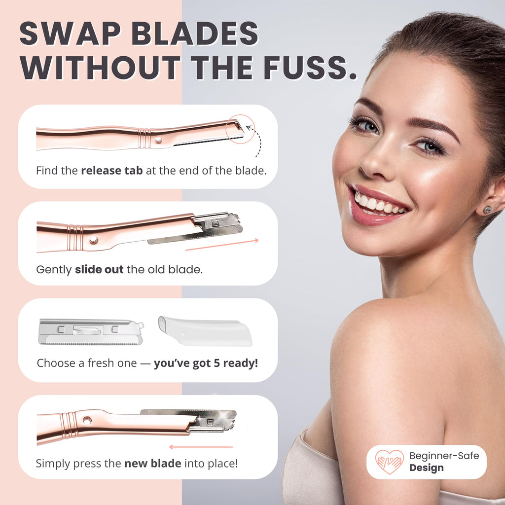 Jungle Culture Dermaplaning Tool – Facial Razor for Women with 5 Refill Blades – Reusable Eyebrow Shaper & Exfoliator – Rose Gold