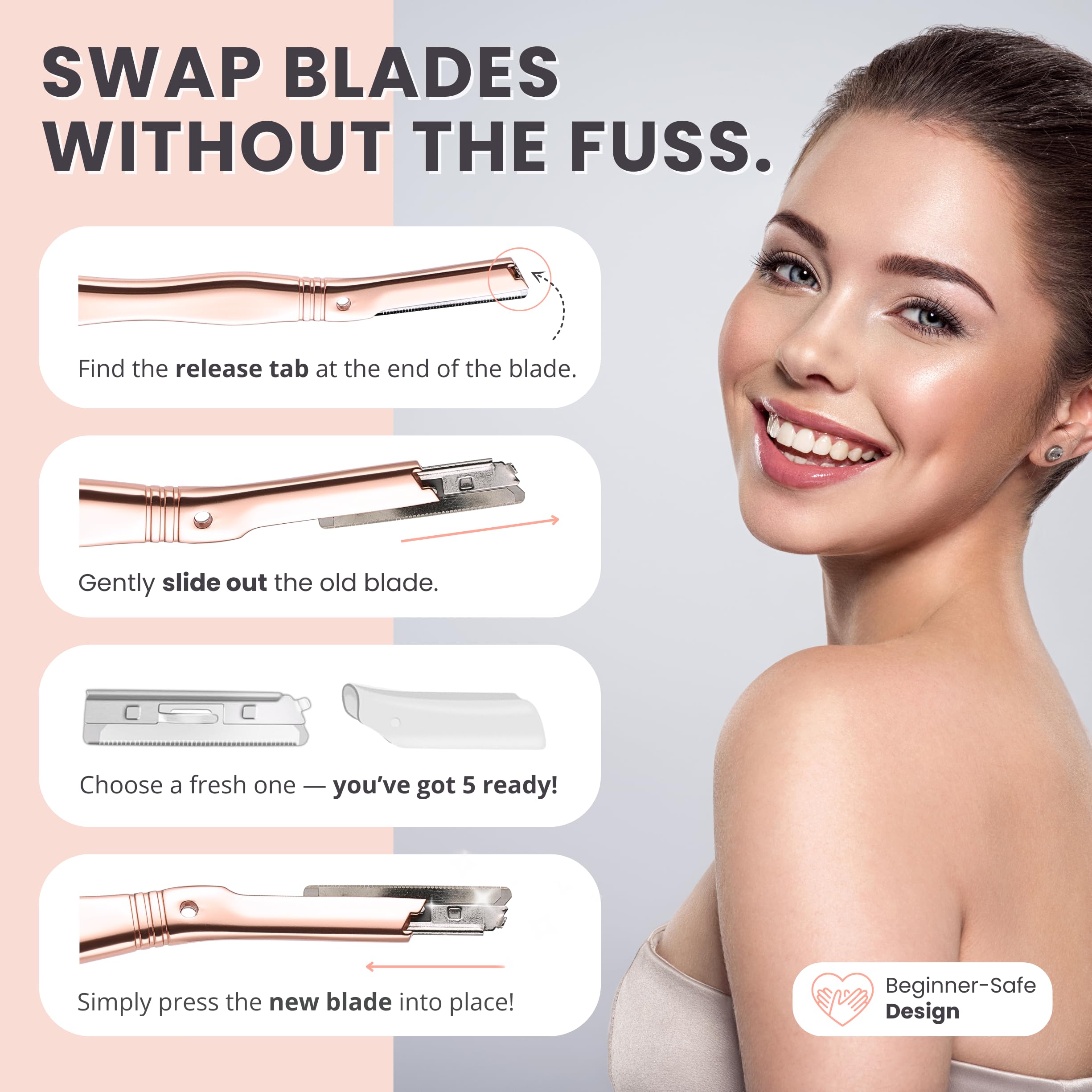 Jungle Culture Dermaplaning Tool – Facial Razor for Women with 5 Refill Blades – Reusable Eyebrow Shaper & Exfoliator – Rose Gold