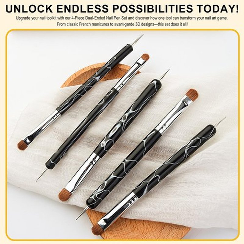 JFIYUOMCI French Nail Brush Set, 2 Way Dotting Tool and French Tip Brush, Gel Acrylic Nails Art Design Pen, Nail Clean Up Brushes for Professional Manicure Tools, Size 10#,12#, 14#, 16# - Marble Black