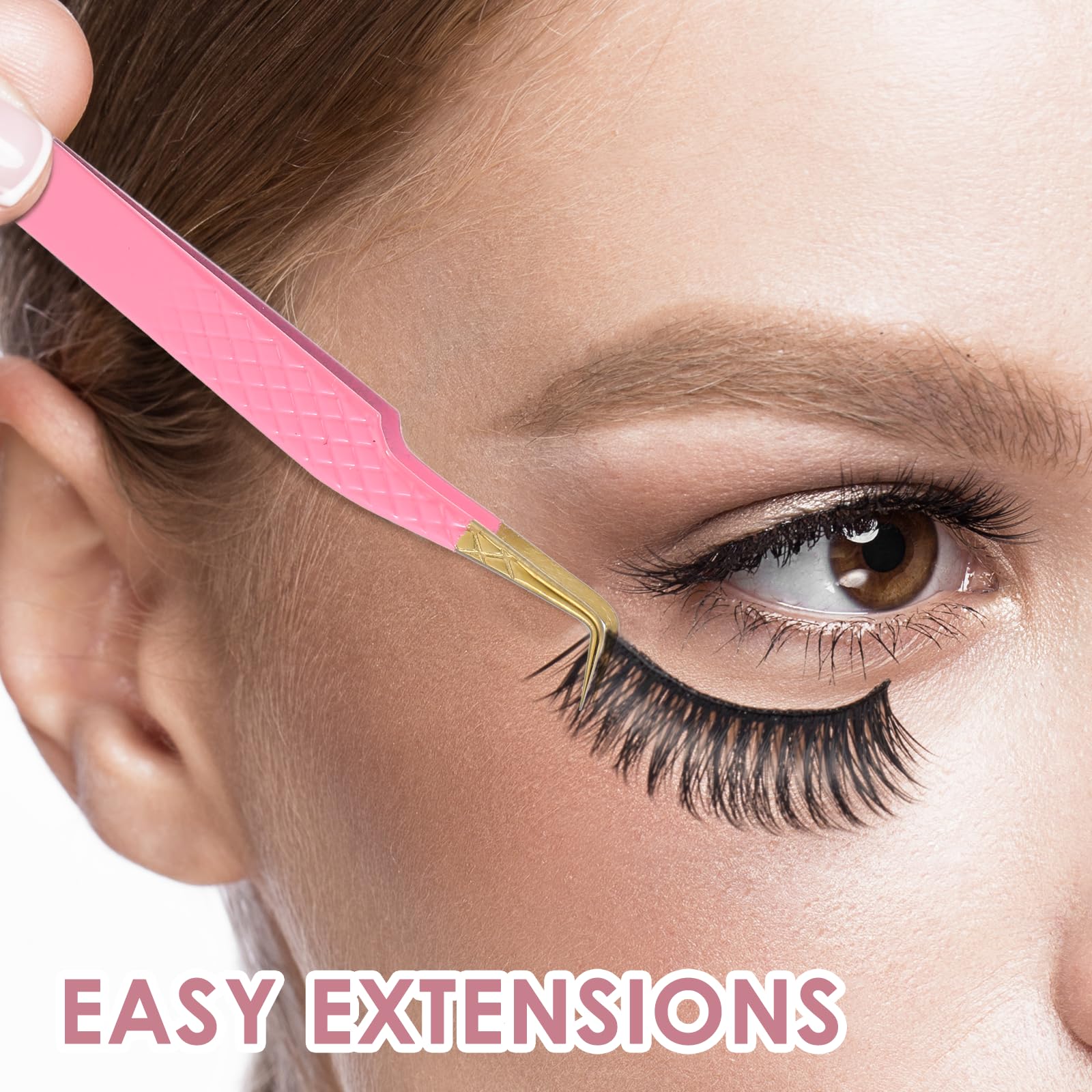 Tyqour 2Pcs Lash Tweezers for Eyelash Extensions 90 Degree Eyelash Extension Tweezers Fiber Tip Lash Tweezers False Eyelash Tweezers Lash Cluster Tweezers for Volume Lashes, Pink