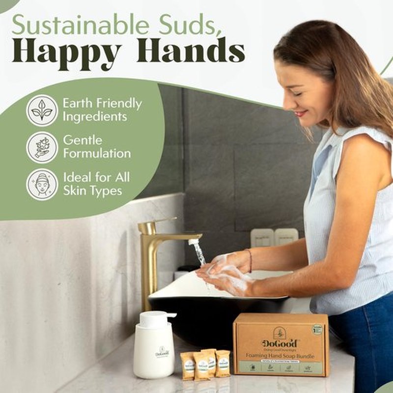 DoGood Foaming Hand Soap Starter Kit – Refillable 350 mL Ceramic Dispenser & 4 Scented Tablets – Eco-Friendly Zero-Waste Foam Soap (Lavender, Lemon, Eucalyptus, Sandalwood)
