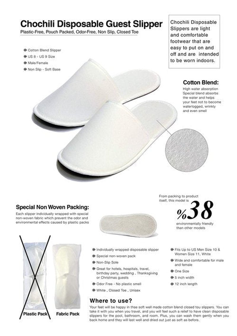 CHOCHILI 12 Pairs Fabric Packed Disposable Hotel Slippers for Airbnb Spa Salon Party Wedding Guests - Fits up to Adult US Men Size 10 & Women Size 11, White