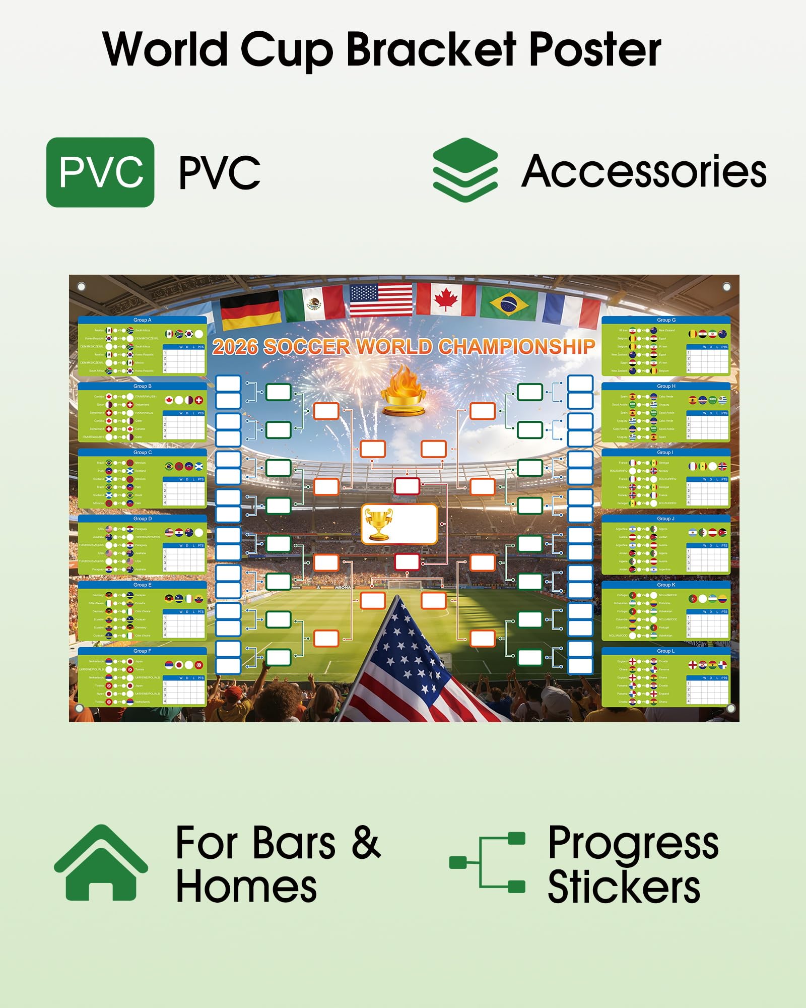 GAMSOD 2026 World Cup Schedule Poster – 39x59 Inches Tournament Bracket Wall Chart with Reusable National Flags Sticker& Hooks, DIY Predict Game Results, Great Soccer Fan Gift for Game Day Party