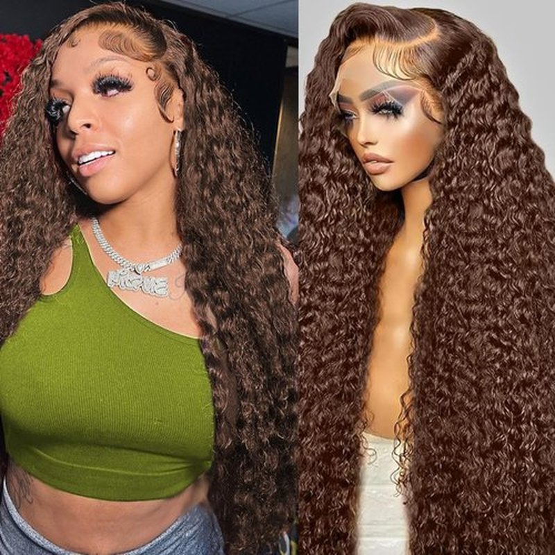 BIANFA 13x6 Deep Wave Lace Front Wigs Human Hair Chocolate Brown 220 Density HD Lace Front Wigs Human Hair Curly Wig Pre Plucked Human Hair Glueless Frontal Wigs (18inch)