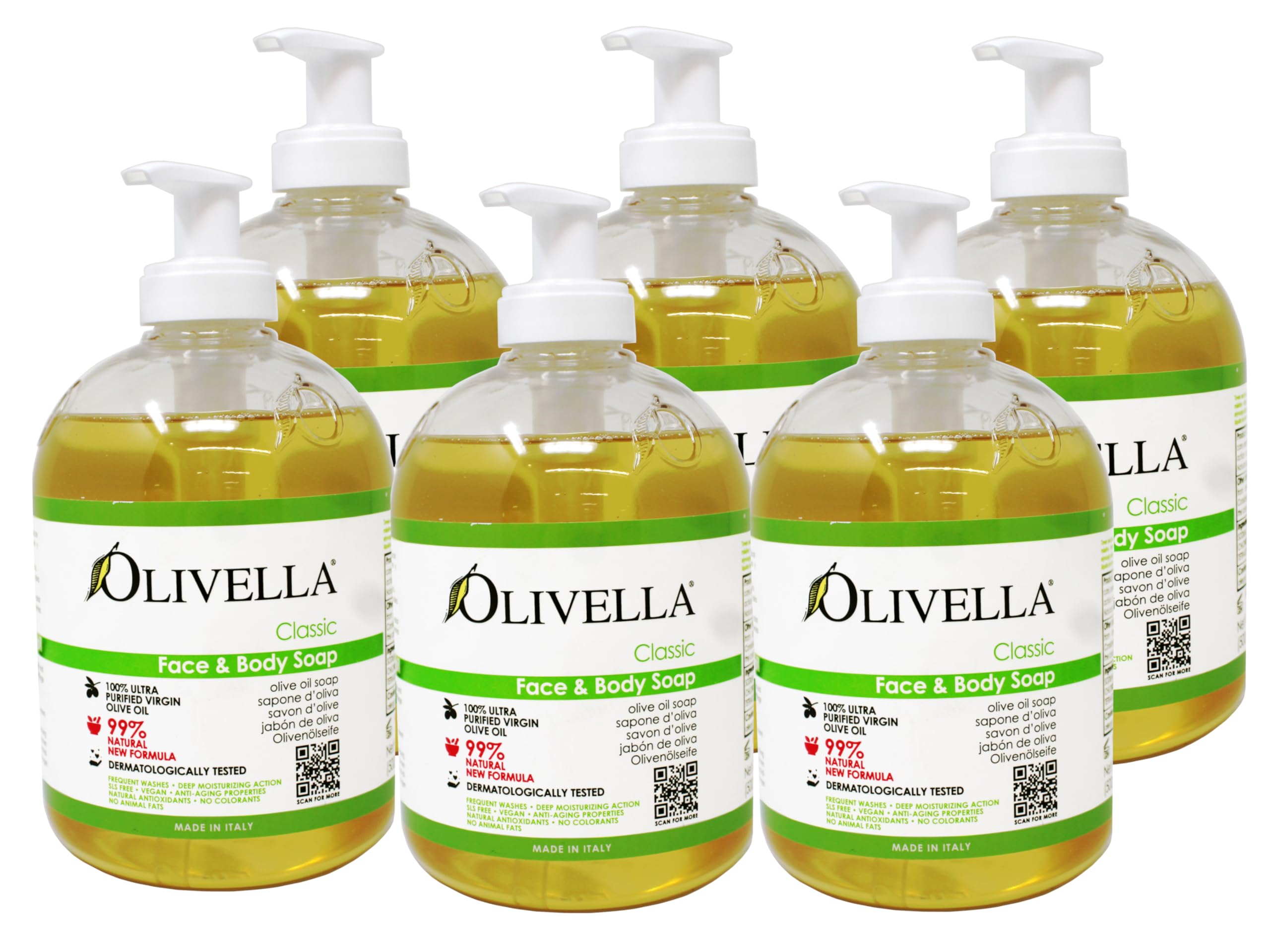 Olivella Classic Face and Body Soap with Ultra Purified Virgin Olive Oil, 16.9 Fl Oz - 6 Pack