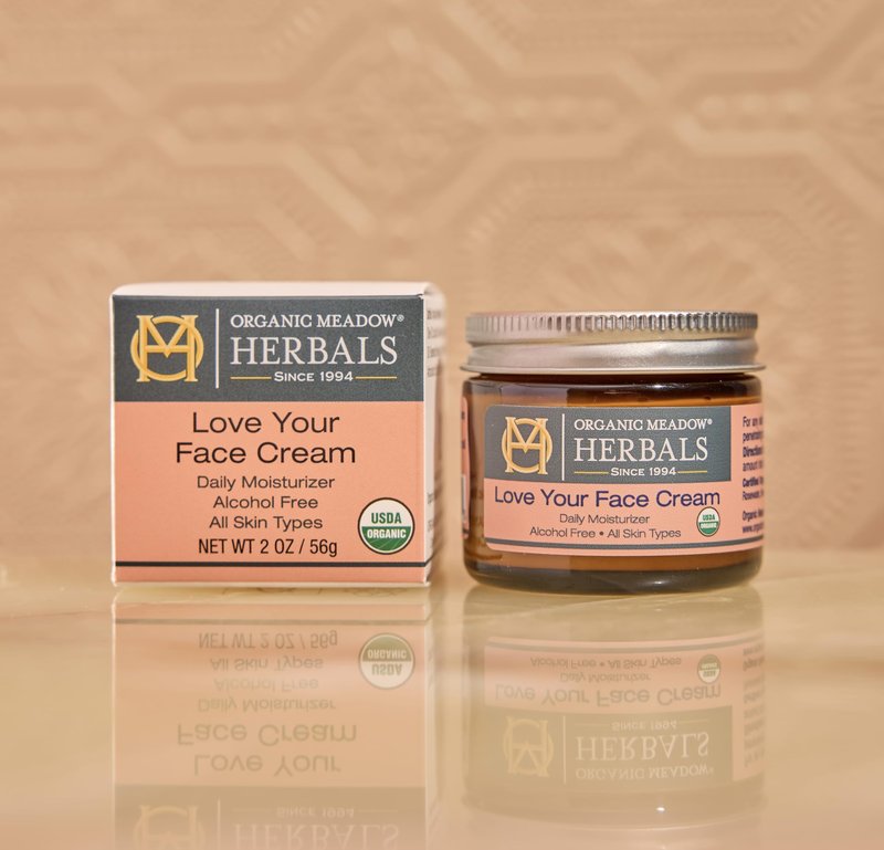 Organic Meadow Herbals Love Your Face Cream 2oz. USDA Certified Organic. Rich Facial Moisturizer for all skin types. Woman-owned & Operated Since 1994