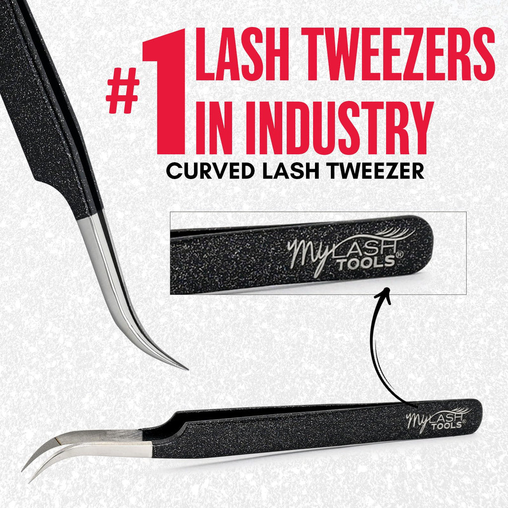 My Lash Tools Curved Classic Fiber Tip Lash Tweezers – 12cm Eyelash Extension Tweezer with Fine Curved Nano Grip Tip, Stainless Steel, Non-Slip Handle (Black)