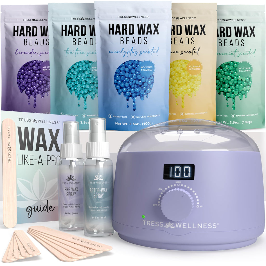 Tress Wellness Award Winning Waxing Kit for Sensitive Skin – Safe for Face & Skin, Easy to Use – At-Home Kit for Face, Bikini, Brazilian & Full Body - Digital Display, Purple