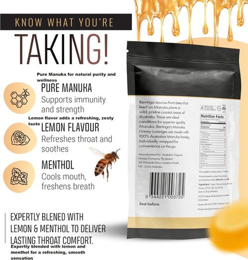 Berringa Manuka Honey Lozenges - Lemon & Menthol Flavor, MGO 900+, 5.3 oz | 30 Count