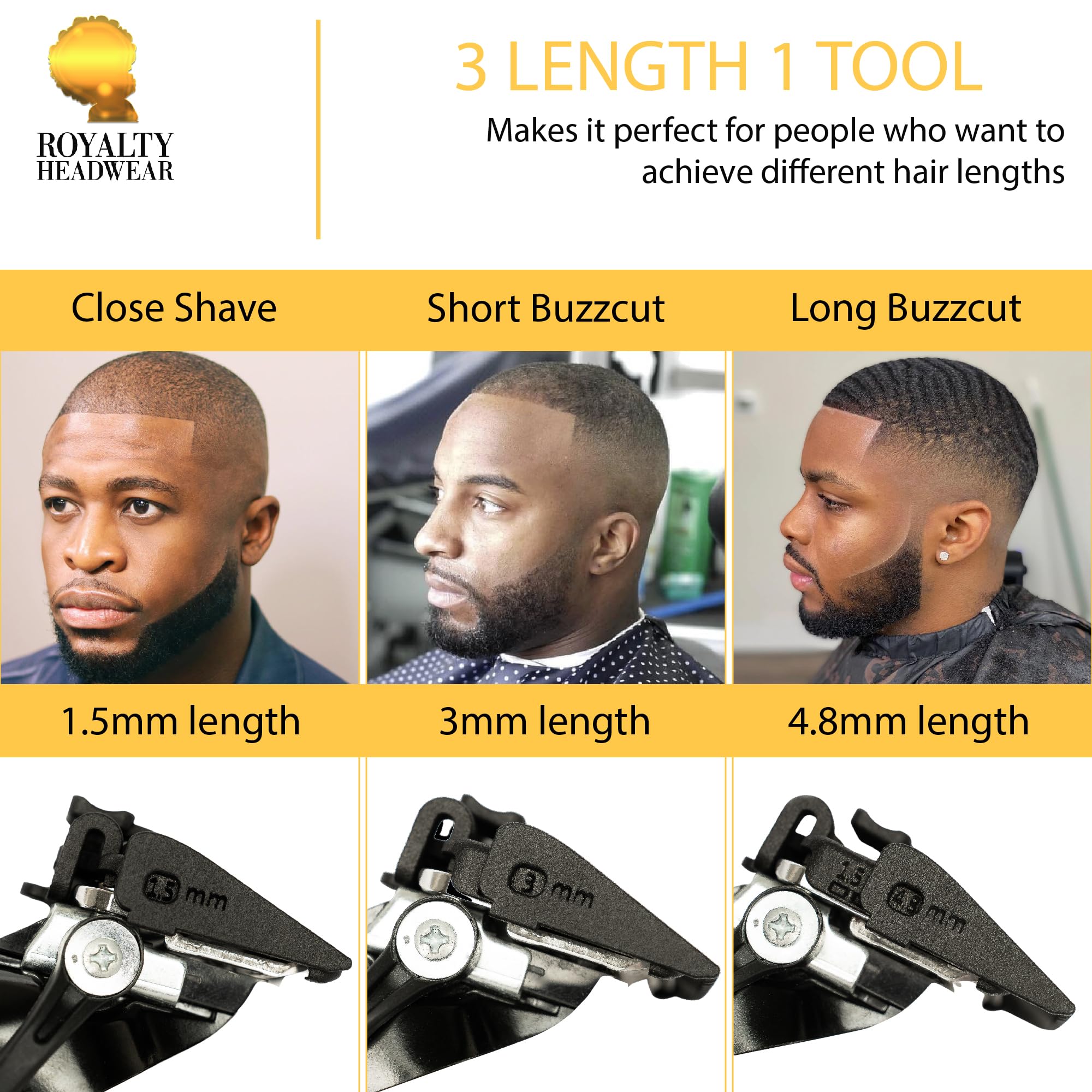 Royalty Headwear Professional Hair Clipper Guards Cutting Guides - Fits All Wahl & Babybliss Clipper Trimmers - 3 Adjustable Lengths in 1 Guard (1.5mm, 3mm, & 4.8mm)