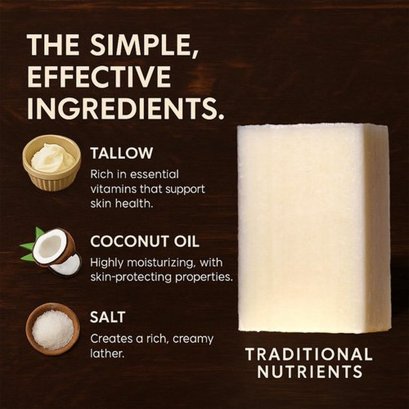 TRADITIONAL NUTRIENTS Unscented Beef Tallow Soap Bar, Grass Fed and Finished Tallow and Lye, 4.6oz Bar, Natural, Pure Suet Tallow (Pack of 3)
