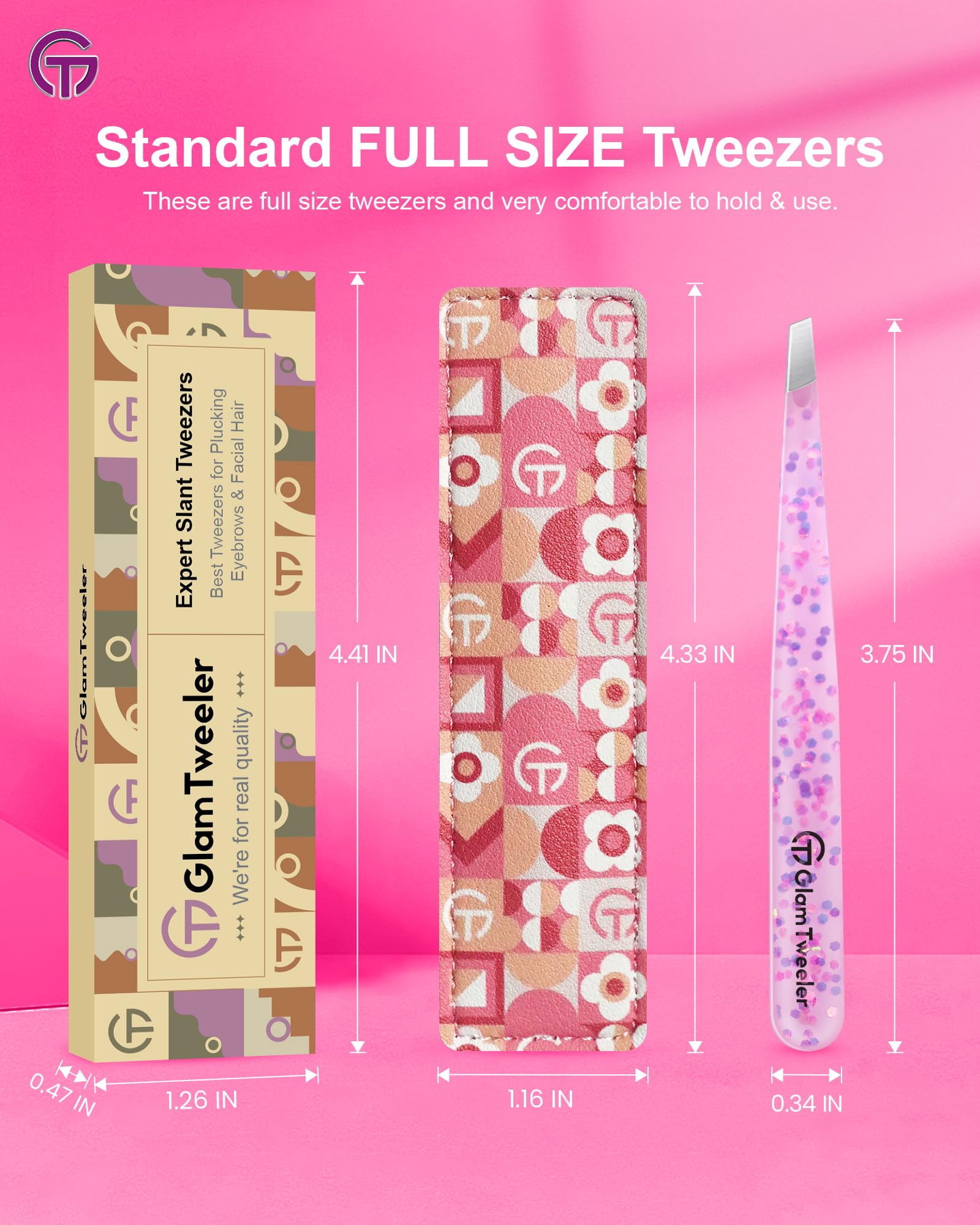 Expert Eyebrow Hair Removal Tweezer with Leather Case, GlamTweeler High Precision Slant Tip Stainless Steel Tweezers for Men and Women (Cherry Blossom Pink)