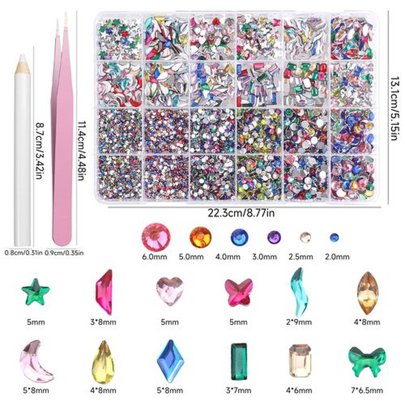24 Grids Color Resin Rhinestones for Crafting, Color Nail Art Rhinestones, Multi Shapes Sizes Bedazzling Gems Rhinestones for DIY Crafts Clothing Tumblers Shoes Fabric Nail Art