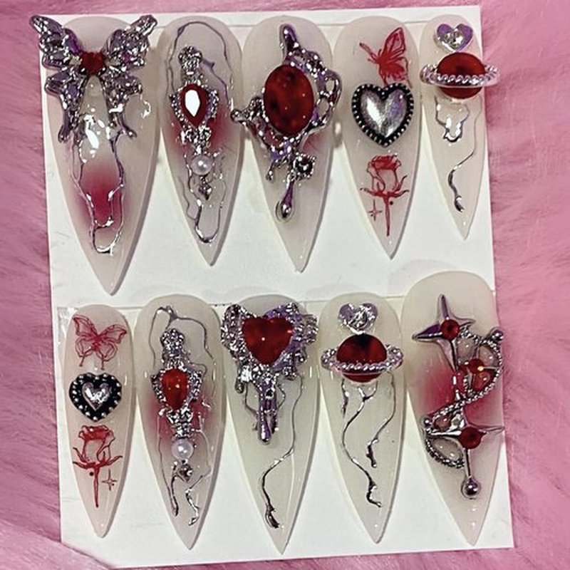 BABALAL Stiletto Press On Nails - Long, Fake, Sliver Glue, 3D, Red Planet Heart, Y2k Acrylic, 24pcs Almond Goth Manicure, Artificial Punk False Nails for Women & Girls