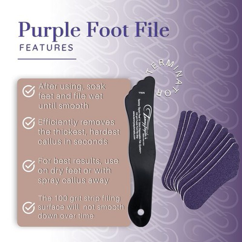 Tammy Taylor Foot File Callus Remover for Soft Feet, Purple Terminator Foot Scrubber & Dead Skin Remover, in Shower Foot Buffer for Wet and Dry Skin, Pedicure Foot Rasp for Heels (Small, 10 Pack)