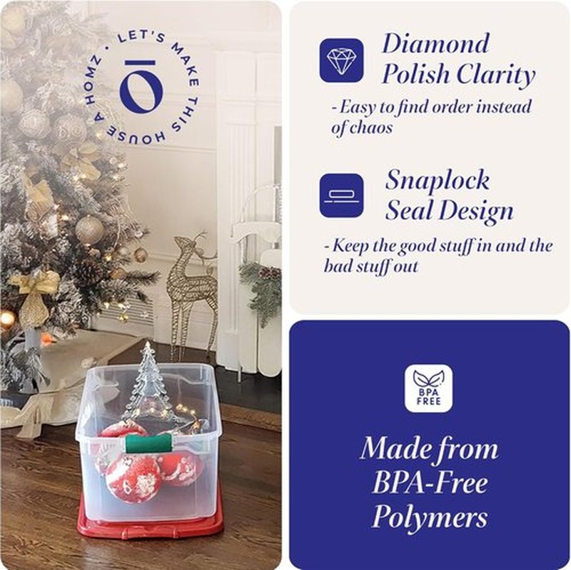 HOMZ 6-Pack Holiday Tote | Clear/Red Plastic Storage Bins with Lids - 64 Quart Stackable Organizers