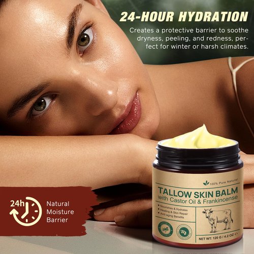 CSDLQNF Beef Tallow Balm with Castor Oil & Frankincense – 100% Grass-Fed Beef Tallow Moisturizer for Face & Body Care – Nourishing Skin Balm to Repair Dry Skin, 4.2 oz