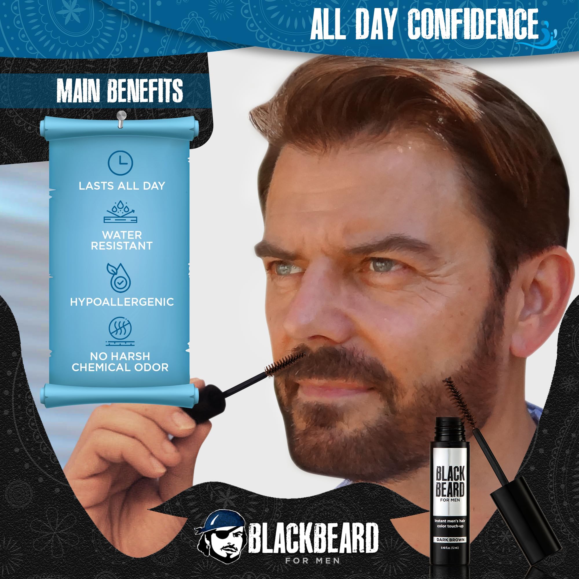 Blackbeard for Men Instant Beard Color, Dark Brown, 3 Pack