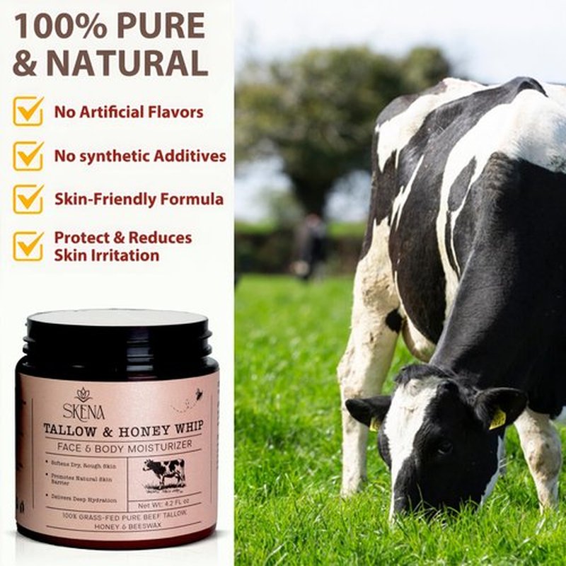 Grass-Fed Beef Tallow Moisturizer with Honey & Beeswax – Whipped Tallow Face Cream for Deep Hydration – Natural Face & Body Balm for Dry, Sensitive Skin – 4.2 oz for Men & Women